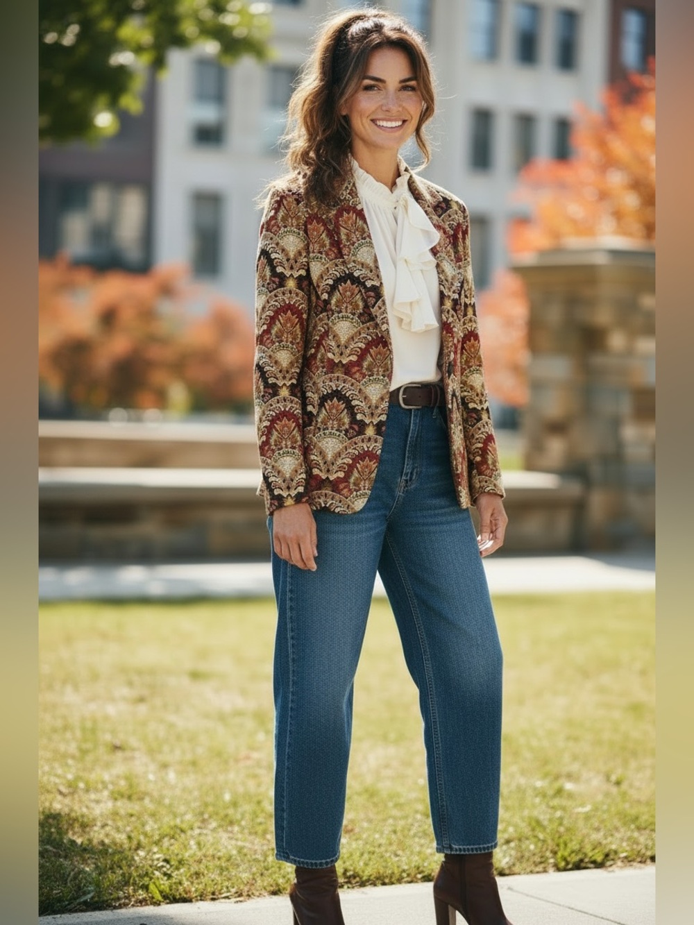 COLDWATER CREEK Brown Red Tapestry Blazer Jacket Sz 14 Lg Cottage Dark Academia